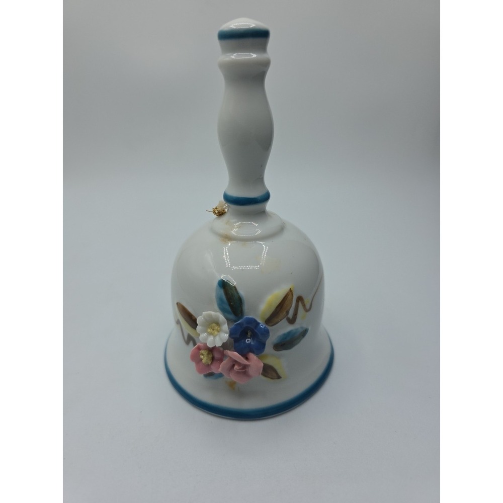 Vtg White Porcelain Bell With Raised Colorful Flowers Enesco 5.5" Tall No Chips